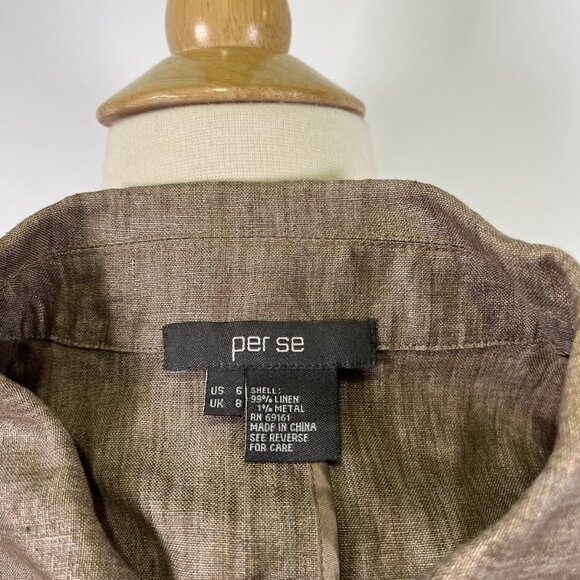 Per Se Women’s Cropped Linen Metallic Jacket Tan Shimmer Blazer Size 6 Safari - Picture 8 of 8